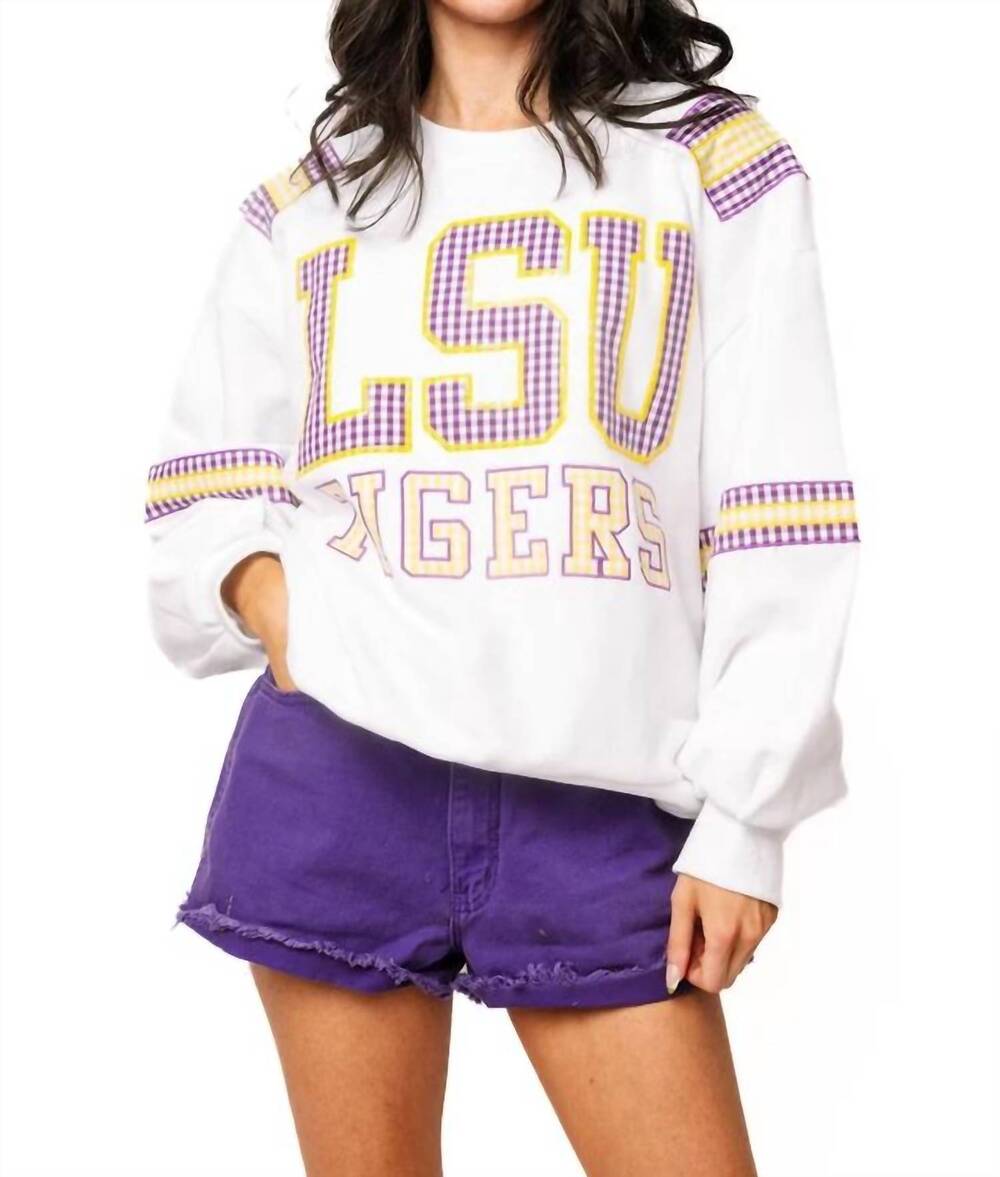 NEW QUEEN OF SPARKLES lsu gingham words jersey sweatshirt in white